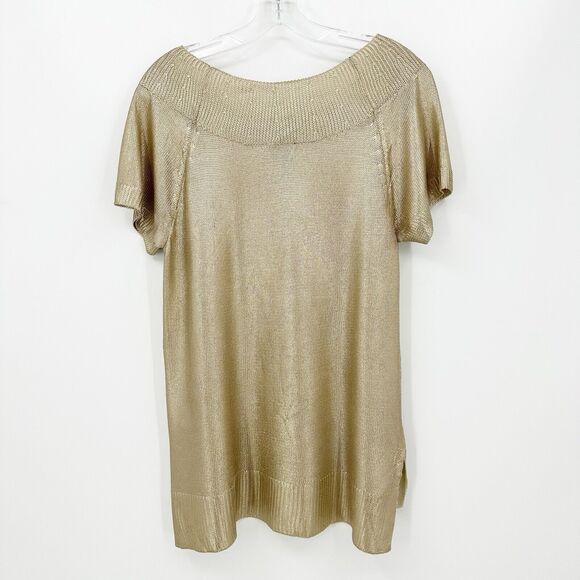 Jones New York Women Metallic Knit Sweater M Gold Elegant Holiday Festive Hi-low - Picture 2 of 7